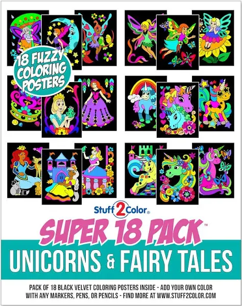 Super Pack of 18 Fuzzy Coloring Posters (Unicorns & Fairy Tales Edition) - Arts & Crafts for Girls and Boys - Great for After School, Travel, Planes, Group Activities, and Coloring with Friends