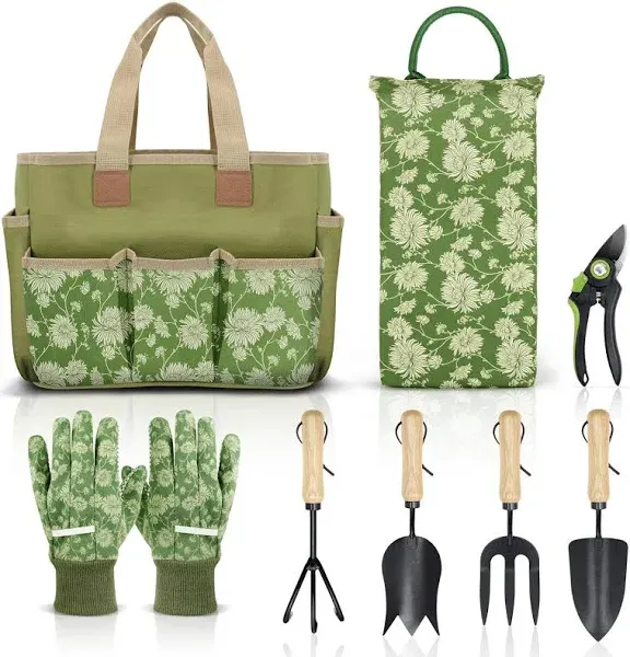 Colwelt Garden Tools Set, 8 Piece, Heavy Duty Gardening Tools with Wooden Handle, Including Garden Tote, Kneeling Pad, Gloves, Pruner, Trowel, Tulip Trowel, Cultivator - Gardening Gifts for Women Men