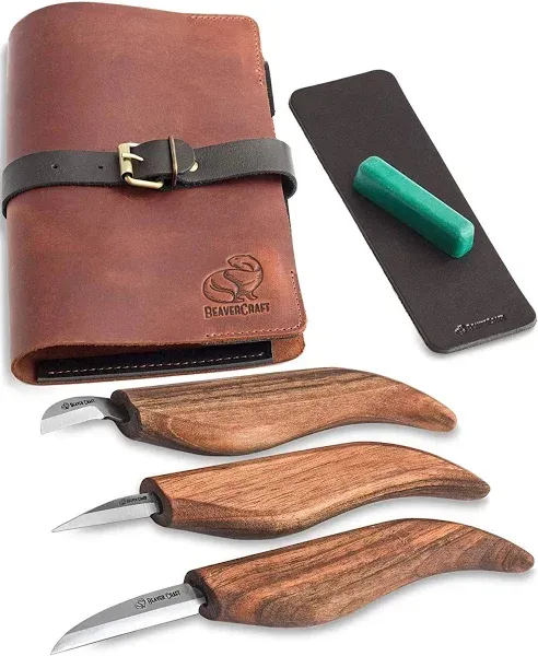 Beavercraft Deluxe S15X Wood Carving Whittling Knives Set with Leather Case