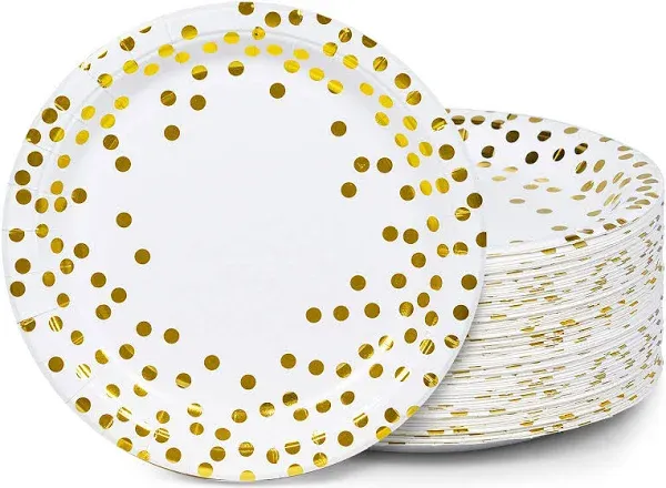 MATICAN Party Paper Plates, 50-Pack Disposable White and Gold Plates, Foil Polka Dots, 9-Inch