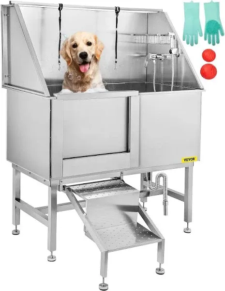 VEVOR 50 inch Dog Grooming Tub Professional Stainless Steel Pet Dog Bath Tub Faucet & Accessories Dog