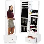 Best Choice Products 360 Swivel Standing Mirrored Jewelry Cabinet LED-Lit Makeup Organizer w/ Mirror - White