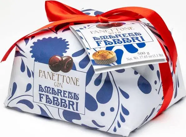 Amarena Fabbri Cherries, Panettone with candied cherries inside, Italian holiday Cake, Hand-Wrapped, Made in Italy, 1.1 pound