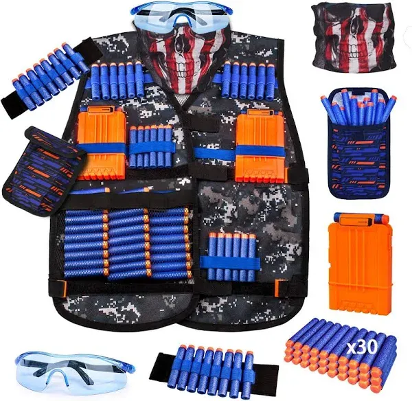 Kids Tactical Vest Kit for Nerf Guns N-Strike Elite Series with 40 Bullets Refill Darts, 2 Reload Clips, Dart Pouch, Tactical Masks, Hand Wrist Band and Protective Glasses Nerf Vest for Boys