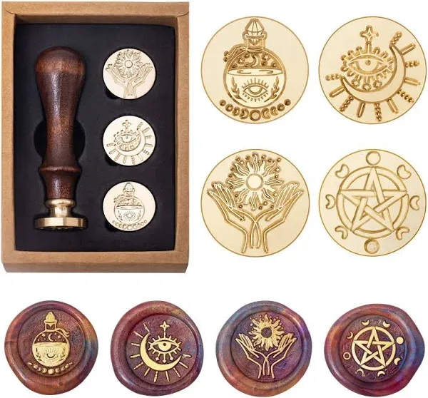 Wiccan Wax Seal Stamp Set, Pagan Pentagram Moon Phases Sealing Stamp Head, Vintage Evil Eye Triple Moon Pentacle and Sun Bottle Pattern Kit with Gift Box for Letter Envelope Witchcraft Invitation Card