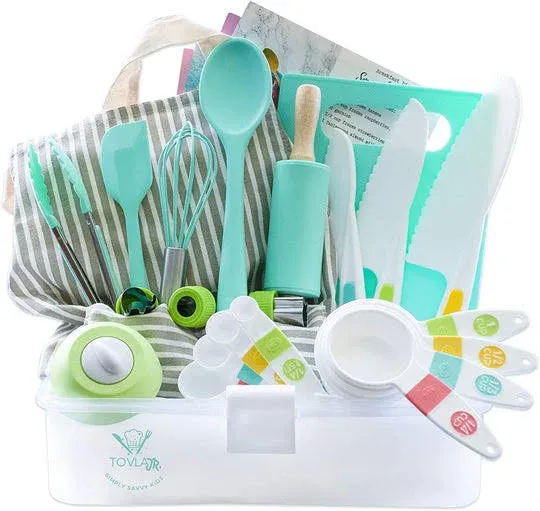 Tovla Jr. Kids Real Cooking and Baking Gift Set with Cookbook and Storage Case- Complete Cooking Supplies for the Junior Chef - Kids Baking Set for Girls & Boys - Utensils and Kid Safe Knives Included