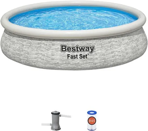 Bestway Fast Set 12' x 30" Round Inflatable Stacked Stone Swimming Pool Set