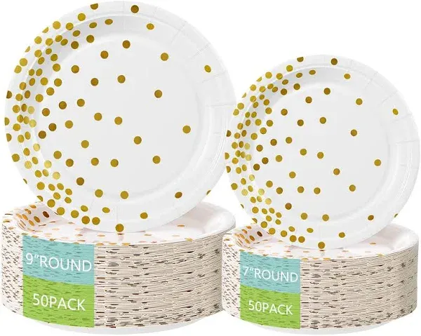 Party Paper Plates, 50-Pack Disposable White and Gold Plates, Foil Polka Dots, 9