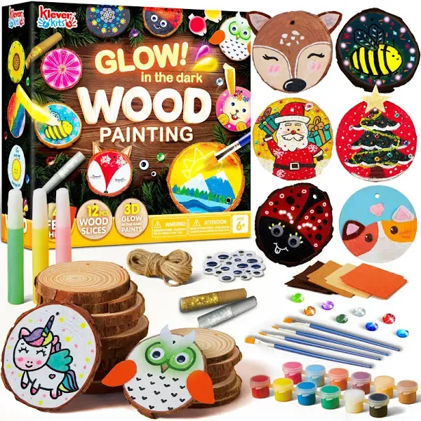 Klever Kits 16 pcs Wooden Painting Kit-Glow in The Dark- Arts and Crafts for Kids Ages 6-12 Art Supplies with Felt Sheets, Wood Slice Crafts for Boys Girls Birthday Party Gift