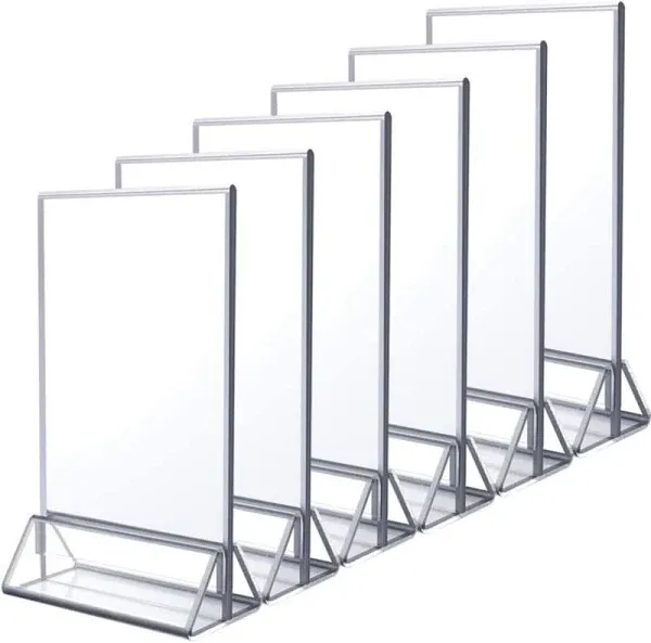 NIUBEE 6Pack 4x6 Clear Acrylic Sign Holder with Sliver Borders and Vertical Stand, Double Sided Table Menu Holders Picture Frames for Wedding Table Numbers, Restaurant Signs, Photos and Art Display