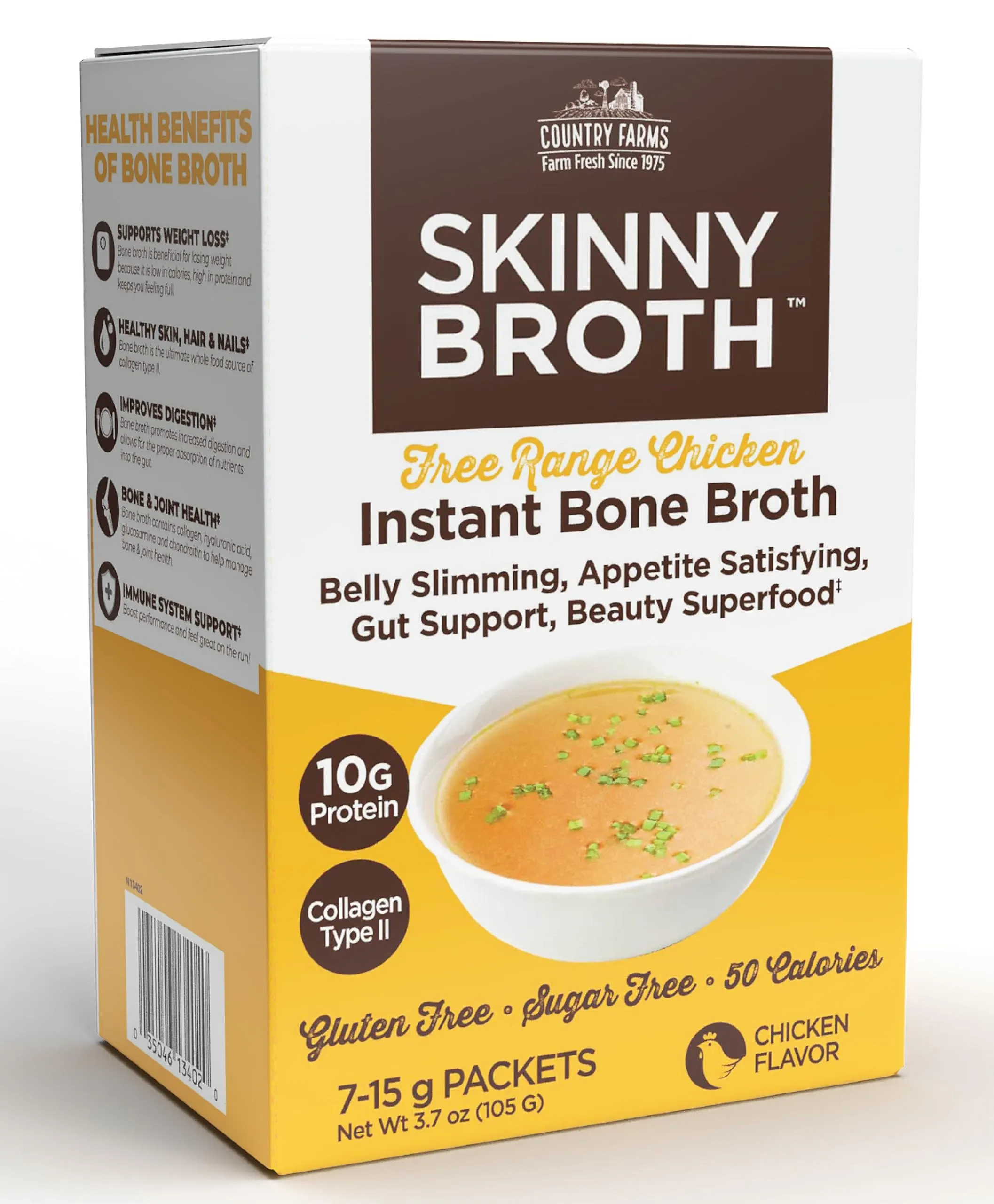 Country Farms Skinny Broth 7-Day Plan, Instant Chicken Bone Broth, 10G Protein, Collagen Type II, Supports Weight Management, Promotes Better Digestion, Bone and Joint Health, 7 Day Plan, 7-15g Packets