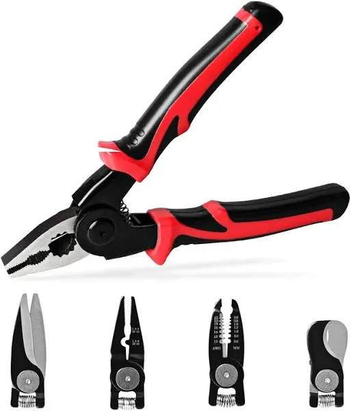 5 IN 1 Multifunctional Plier Set with 5 Interchangeable Tool Heads - Wire Stripper, Crimping Plier, Cable Cutter, Electrician Scissors, Linesman Plier - 8 Inch Pliers Kit with Storage Case