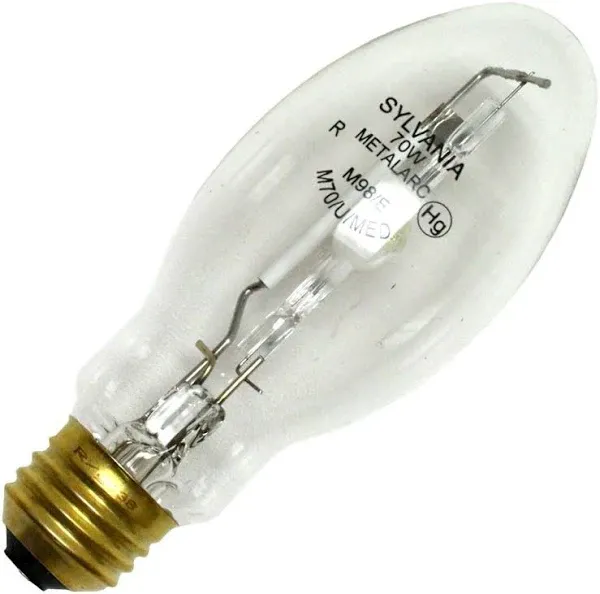 Sylvania M70/U/MED 70W Metalarc Pulse Start Quartz Metal Halide Lamp Reduced Color Shift Medium Base E17 Bulb Universal Burn Clear 4400K (64836)