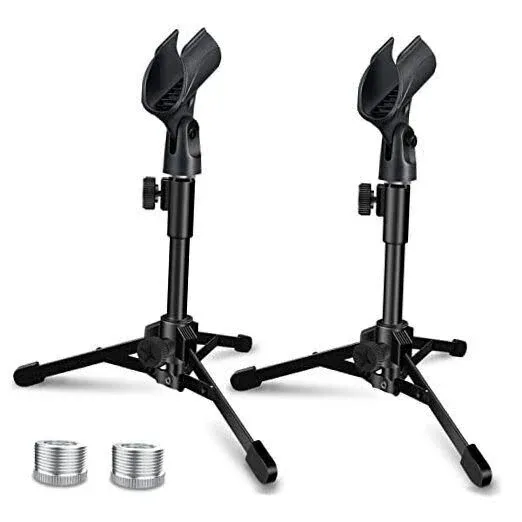 2 Pack Desktop Mic Stand, Portable Foldable Tripod with Mic Clip Holder, Adju...