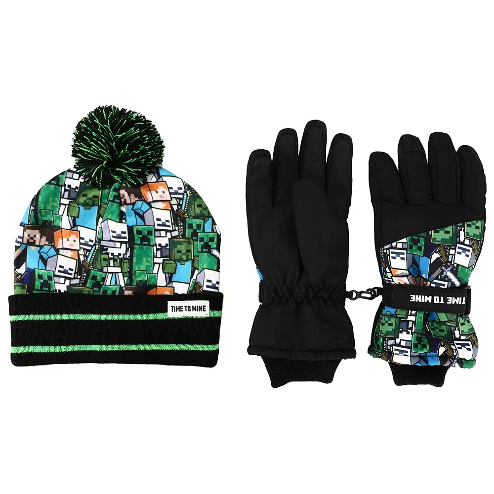 Minecraft Time to Mine Fleece Knit Beanie & Ski Gloves Combo