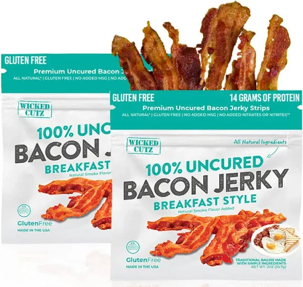 Breakfast Style Bacon Jerky | Tender, Flavorful, Easy to Chew, Premium Craft Bacon Jerky with 14g of Protein Per Bag, Gluten Free, High Protein, Low Calorie, Healthy Snacks for Adults (2 Bags)