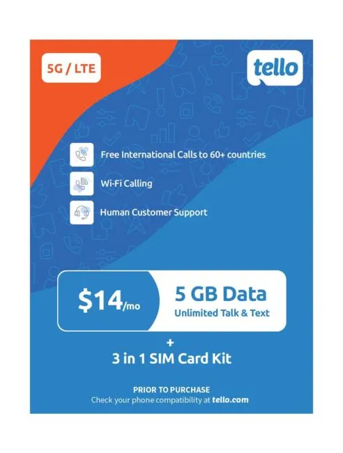 Tello Mobile 5GB Data Unlimited Minutes & Texts Phone Plan