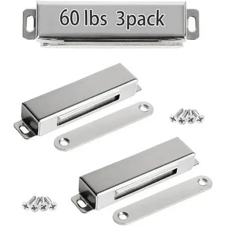 Onarway Magnetic Door Catch 60lbs Pull Strong Magnet Cabinet Latches Hardware Stainless Steel Chrome Door Closer for Pantry Bathroom Kitchen Sliding Door Window Cupboard (3 Pack-Strength 30KG)