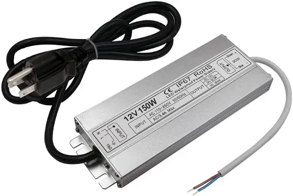 LED Driver Waterproof IP67 Power Supply 150W 12V DC 12.5a Transformer thinner and Durable with US 3-Prong Plug Plate for Outdoor Use