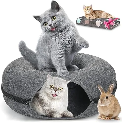 Donut Cat Tunnel Bed Peekaboo Cat Cave for Medium - 20 Inch Diameter Light Gray