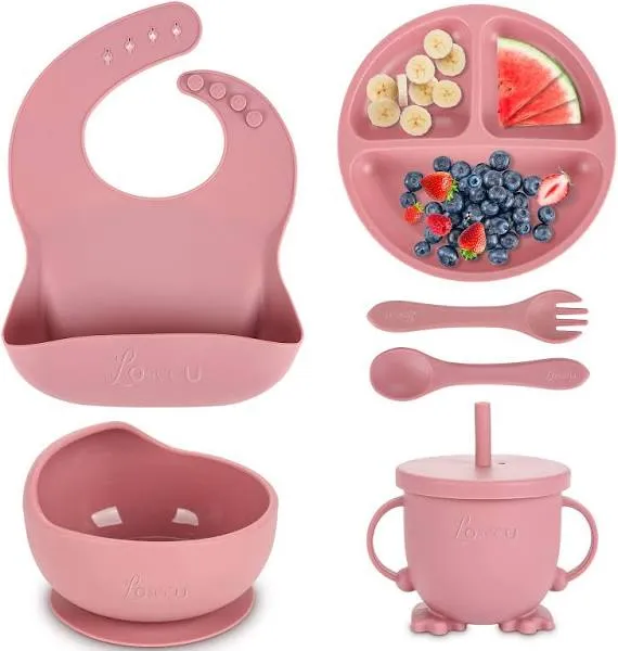 Silicone Baby Feeding Set|Baby Led Weaning Supplies Set|Suction Baby Plate Bowl Set with Bib Spoon Fork Sippy Cup|Baby Feeding Eating Supplies Set BPA Free