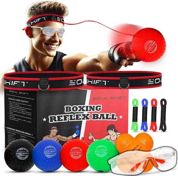 Soul Shift - 4 X Boxing Reflex Balls 2 x Headbands - Reaction Ball - Safety Glasses - Hand Eye Coordination, Boxing Reflex Ball Headband,MMA Training Equipment, Punching Ball