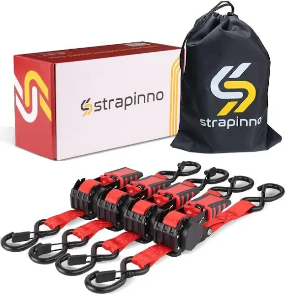 Strapinno Retractable Ratchet Straps 1 in x 10 ft, Secure Tie-Downs with Rubber-Coated Handles & S-Hooks, For Moving Motorcycle, Bike, Kayak, Cargo & Daily Use- Breaking Strength 1,500LBS/680KG (4PCS)