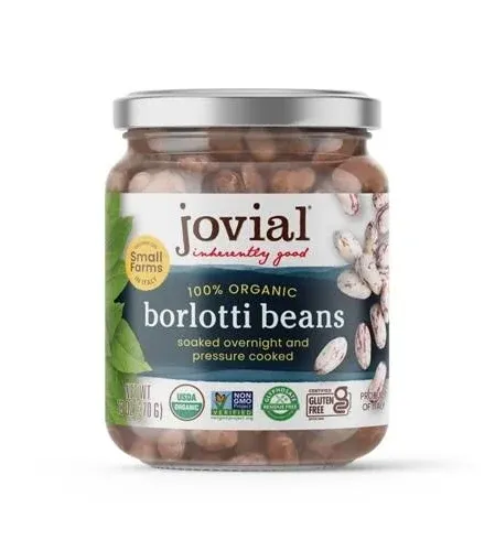 Jovial 100% Organic Borlotti - Borlotti, Organic Borlotti, No Saturated Fat, Gluten Free, Recyclable Glass, Great Source of Fiber, No Additives or Preservatives, Product of Italy - 13 Oz, 6 Pack