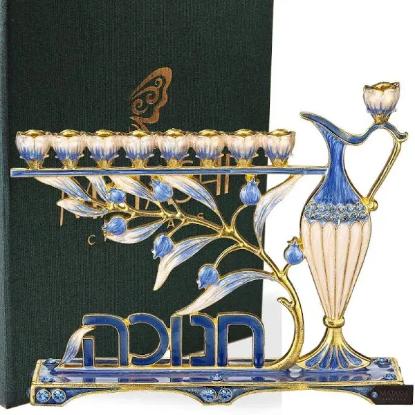 Matashi Hand Painted Blue Enamel Menorah Candelabra with Hebrew "Hanukkah" Design