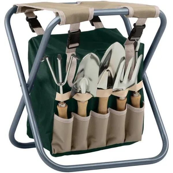 Pure Garden Folding Garden Stool with Tool Bag and 5 Garden Tools