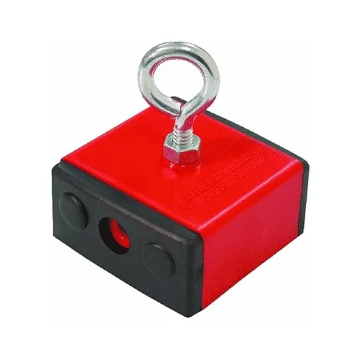 Master Magnetics 07503 Retrieving and Holding Magnet, Durable Plastic, 100 lb, 2.375" Length, 2.375" Width, 1.25" Height with Eyebolt, Nuts and Magnetic Shields, Red/Black