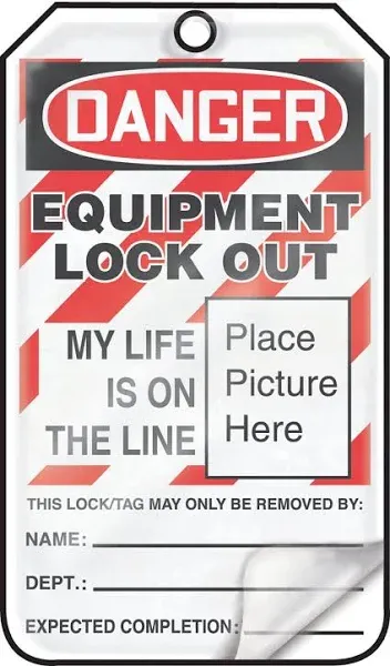 Accuform Lockout Tags, Pack of 25, Bilingual Danger Equipment Lock-out My Life is on the Line with Picture Insert, US Made OSHA Compliant Tags, Tear & Water Resistant Self-Laminating PF-Cardstock with Grommets, 5.75"x 3.25", TSP107LCP