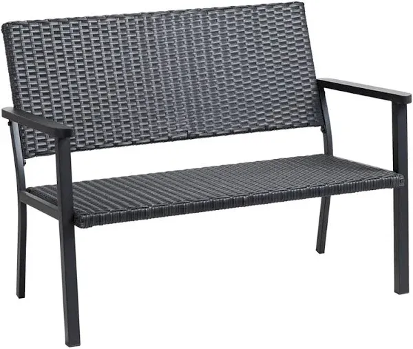 C-Hopetree Outdoor Loveseat Bench Chair for Outside Patio Porch, Metal Frame, Black All Weather Wicker