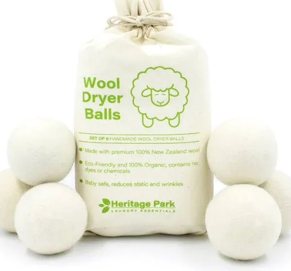 Heritage Park Wool Dryer Balls - 100% New Zealand Wool Handmade, Reusable Dryer Balls for Laundry - Decrease Drying Time - Set of 6 with Storage Bag