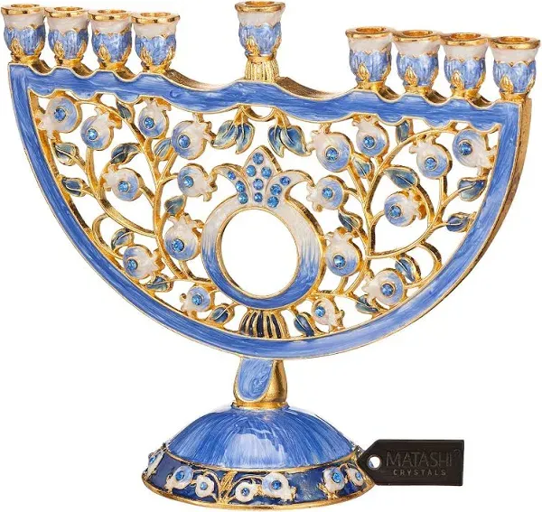 Matashi Hand Painted Blue Enamel Pomegranate Design Menorah Candelabra