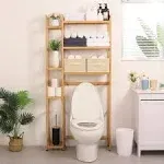 Homde Over The Toilet Storage with Basket and Drawer, Bamboo Bathroom Organizer with Adjustable Shelf & Waterproof Feet Pad, Space Saver Storage