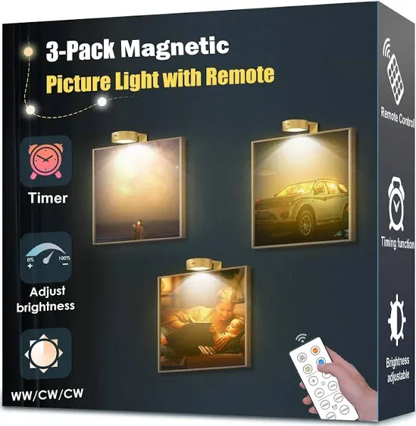 3-Pack Picture Light Battery Operated, Magnetic Led Lights with Remote, Dimmable and Timer Painting Light, Art Display Light for Picture Frame Artworking Portrait, Home Wall Decor Puck Lights, Gold