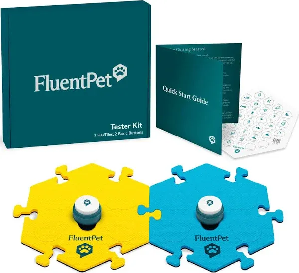 FluentPet Tester Kit - Set of 2 Dog Talking Buttons & 1 Blue HexTile - Customizable Cat & Dog Training Buttons for Communication - Batteries Included - Pet Buttons Gift Set