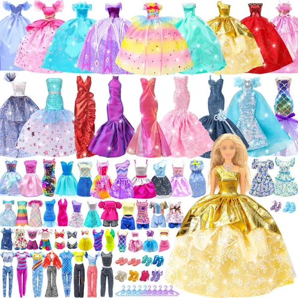 50 Pack Doll Clothes and Accessories, 4 Wedding Gowns 2 Evening Dresses 6 Fashion Dresses 6 Set Casual Outfits Top and Pant 2 Swimsuit Bikini, 20 Hanger 10 Shoe Toys for Girl Birthday Gift