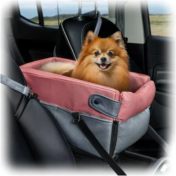 Center Console Dog Car Seat for Small Dogs - Soft, Waterproof & Scratch-Resistant with Safety Belt and Impact Absorbing Cushion for Anxiety Relief - Fits Most Car Consoles (Grey & Pink)