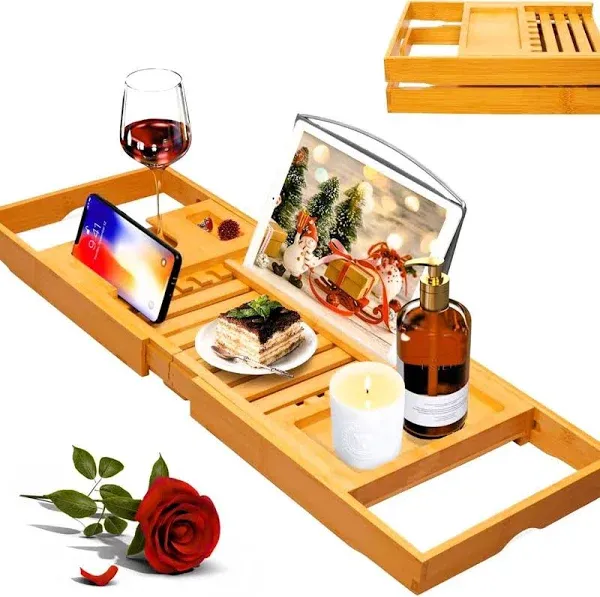 Luxury Bathtub Caddy Tray For Tub Foldable Bamboo Bath Table Tray With Book And Wine Glass Holder, Expandable Bathroom Accessories For Spa Or