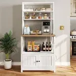 YITAHOME White Microwave Stand Bakers Rack Cabinet, Farmhouse Freestanding Small Kitchen Pantry Hutch Tall W Door Power Outlet Thickened Counter, Coff