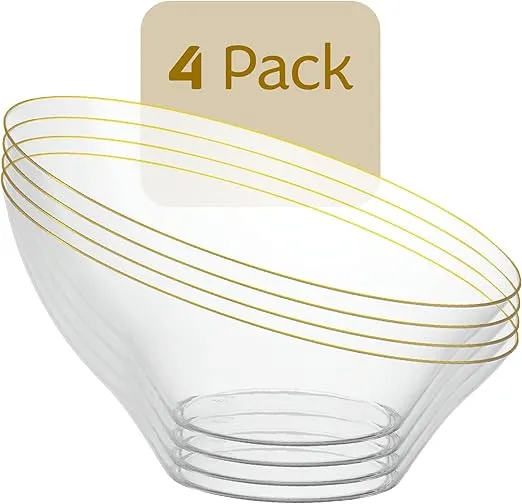 PLASTICPRO Angled Plastic Bowls Disposable Large Plastic Clear Serving Bowls with Gold Rim for Party for Appetizer Salads Pack of 4