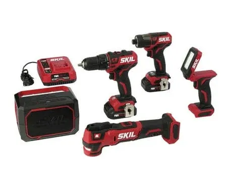 SKIL 5-Tool ComboKit: PWRCore 12 Brushless 12V Drill Driver, Impact Driver, Oscillating MultiTool, Area Light and Bluetooth Speaker, Includes Two 2.0Ah Lithium Batteries and PWRJump Charger - CB736801