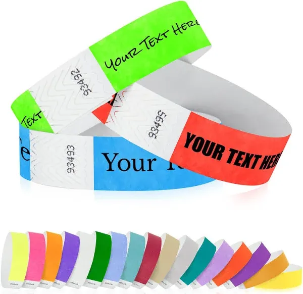 WristCo Custom Printed Wristbands - Select a Color, Quantity & Personalize Any Text to Wrist Band ID Bracelets for Events Concert Party Festival Security Admission VIP