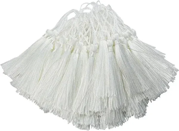 100pcs 13cm/5 Inch Silky Floss Bookmark Tassels with 2-Inch Cord Loop and Small Chinese Knot for Jewelry Making, Souvenir, Bookmarks, DIY Craft Accessory (White)