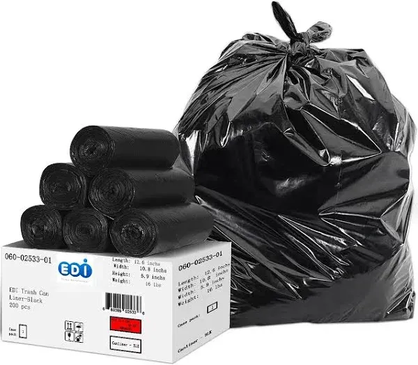 EDI Black Trash Can Liners, 45-Gallon Capacity (48" x 40", 16-Micron) (200 Count)