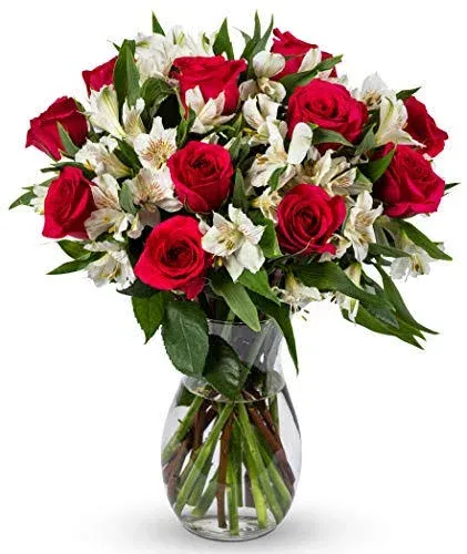 Benchmark Bouquets Signature Roses and Alstroemeria Glass Vase