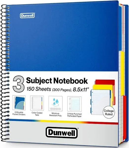 Dunwell 3-Subject Notebook College Ruled 8.5 x 11 (Blue) - 150 Sheets/300 Pages, Spiral Notebook 8.5x11 with Tabs, Movable Dividers, Pockets, Front/Back Plastic Covers, Multi Subject Notebook