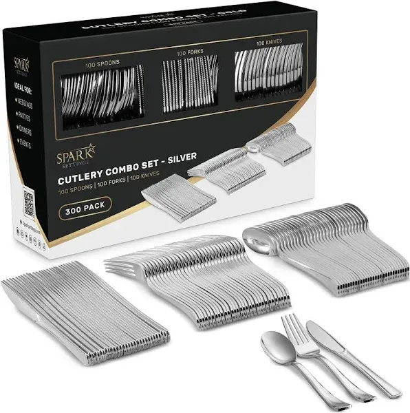 300 Pcs Silver Plastic Silverware Set- 100 Silver Forks, 100 Silver Spoons, 100 Silver Knives, Heavy Duty Disposable Utensils Heavyweight Cutlery, Elegant Flatware, Dinner Party, Wedding